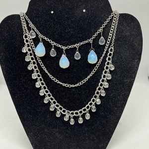 American Eagle 3 Tier Necklace Glass Teardrop Moonstone Faceted Bead Clear Beads